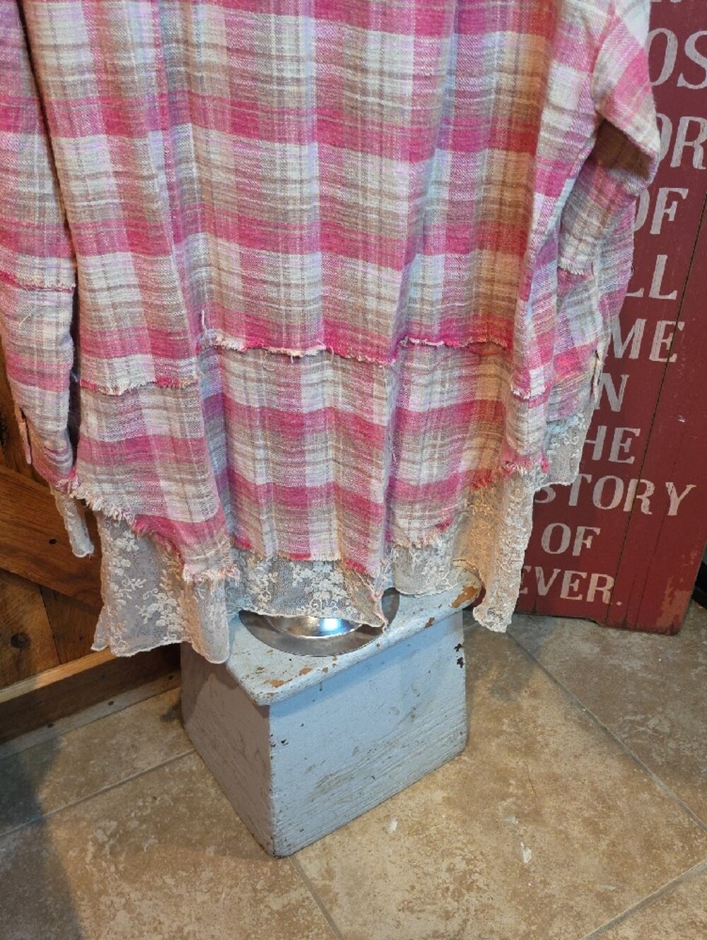 100p Oli & Hali Pink and Cream Plaid Button-Up  with Lace Trim - Picture 12 of 15